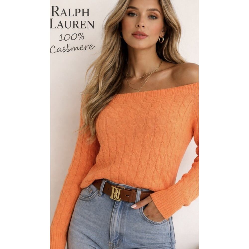 Ralph Lauren 100% Cashmere Off The Shoulder Cable Knit Sweater Large